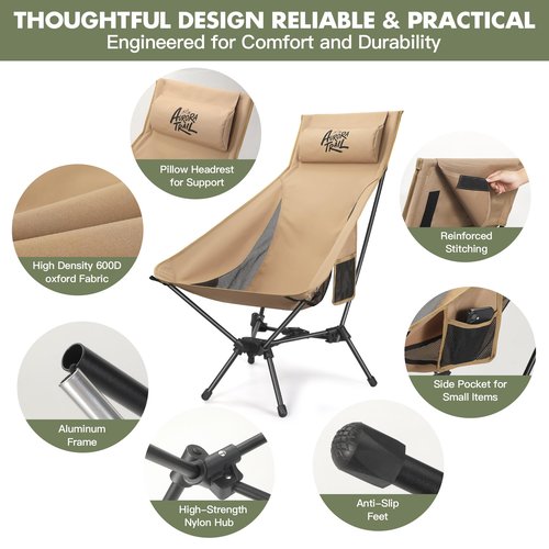 AuroraTrail High Back Folding Camping Chair with Pillow – Lightweight Portable Outdoor Chair with Cup Holder & Carry Bag, Sturdy Aluminum Frame Supports up to 374 lb for Camping, Hiking & Festivals