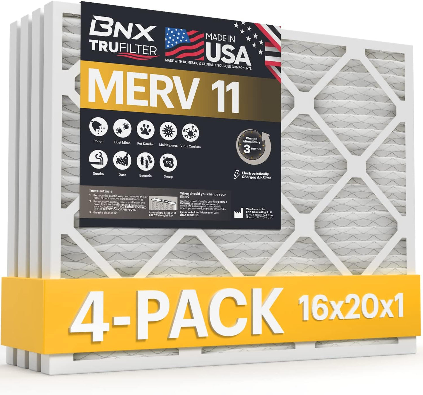 BNX TruFilter 12x12x1 MERV 8 Air Filters (6-Pack) - USA-Made Dust & Pet Defense for HVAC