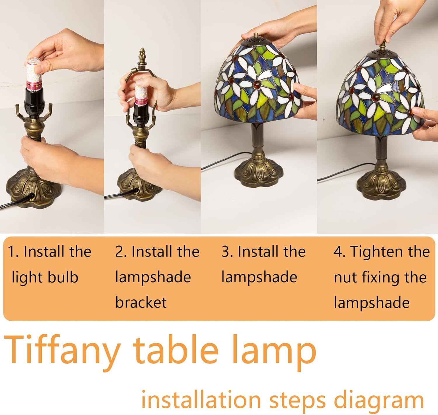 Tiffany Table Lamp - 8 Inch Antique Stained Glass, 3 Color Temperatures, Handcrafted for Bedroom & Living Room