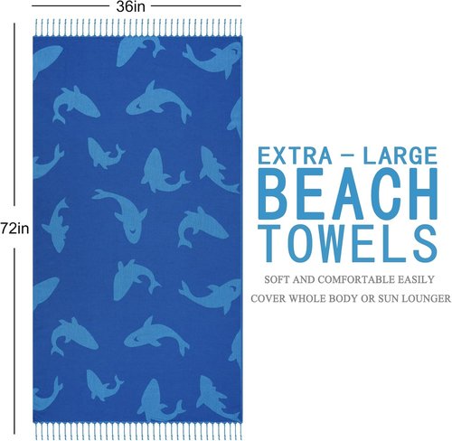 Genovega Oversized Cotton Beach Towels - Lightweight Quick-Dry Sandless Pool Towel | 72"x36" Blue Whale