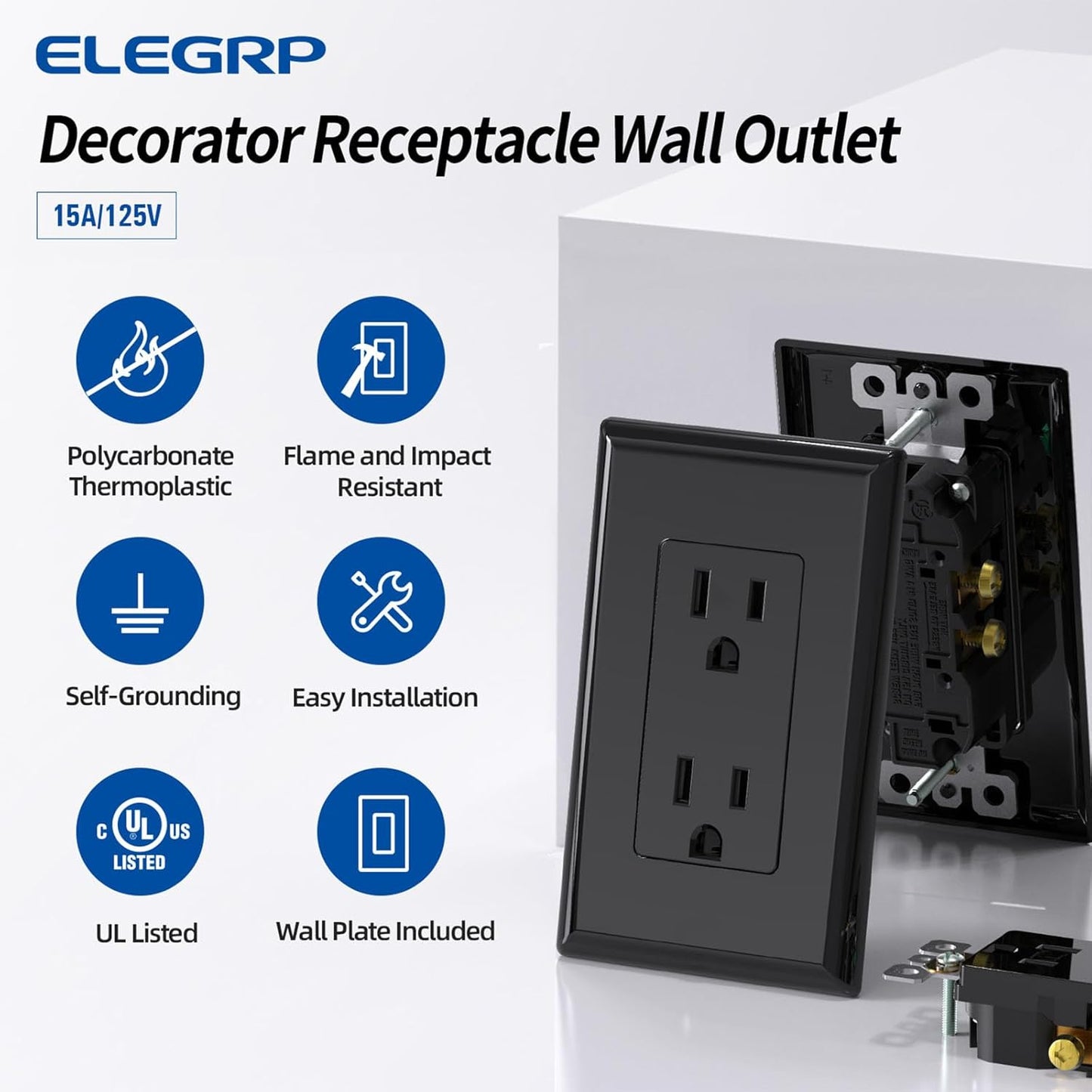 15A Matte Black Electrical Outlet Receptacle - 20 Pack, NEMA 5-15R, UL Listed