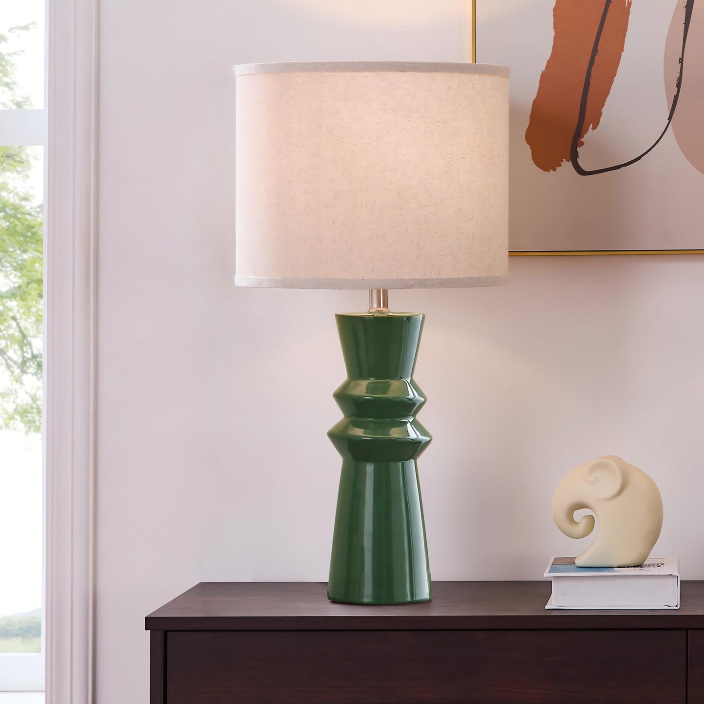 HGNPJC 24.75" Green Ceramic Table Lamp Set of 2-3-Way Dimmable Nightstand Lamps with Pallid Shade for Bedroom Farmhouse Bedside Nightstand Bedside Lamp End Table Lamps (Dark Green)