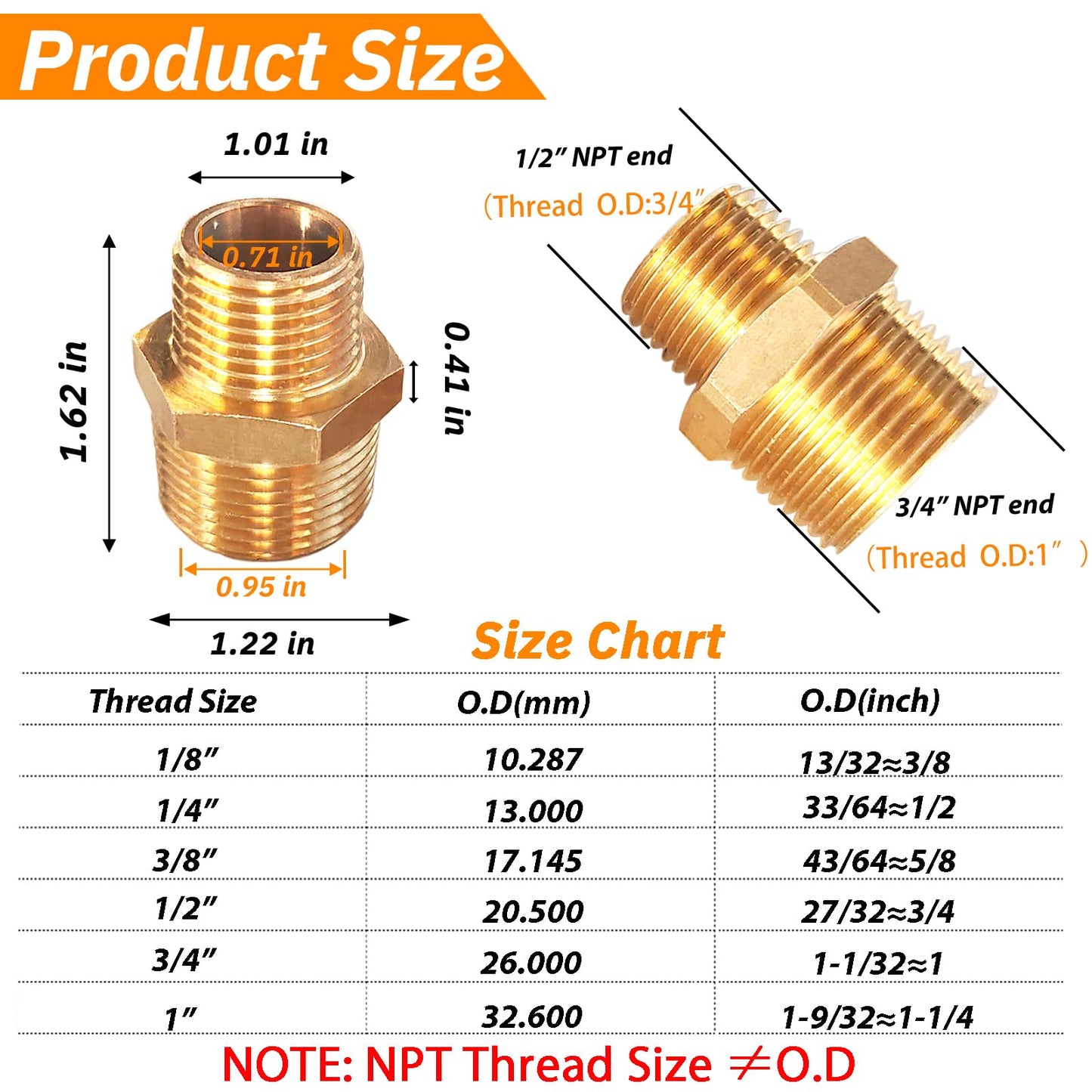 Gadoutcover 2pcs 3/4" NPT x 1/2" NPT Brass Nipple, 3/4 to 1/2 Adapter Fitting Reducing Solid Hex Nipple, Brass 3/4 Male to 3/2 Male Reducer Pipe Fittings for Extending and Connecting Pipes