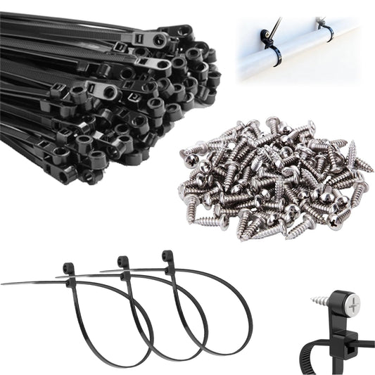 100 PCS Nylon Universal Cable Tie Buckle, Zip Ties With Screw Hole, with 50 PCS Screw Hole 75 lbs Mountable head Cable management Ties for Indoor & Outdoor Use