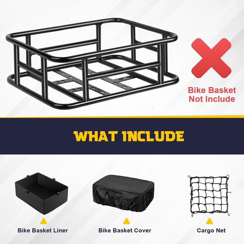 PIREKZUNT 16.5"X11.8"X5" Rear Basket with Waterproof Cover and Adjustable Cargo Net, Heavy Duty Thickened Basket Liner Fits Most Bikes and E-Bike
