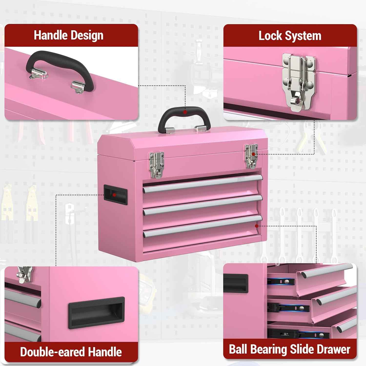 Portable Pink 3-Drawer Steel Tool Box with Locking System for Tool Storage