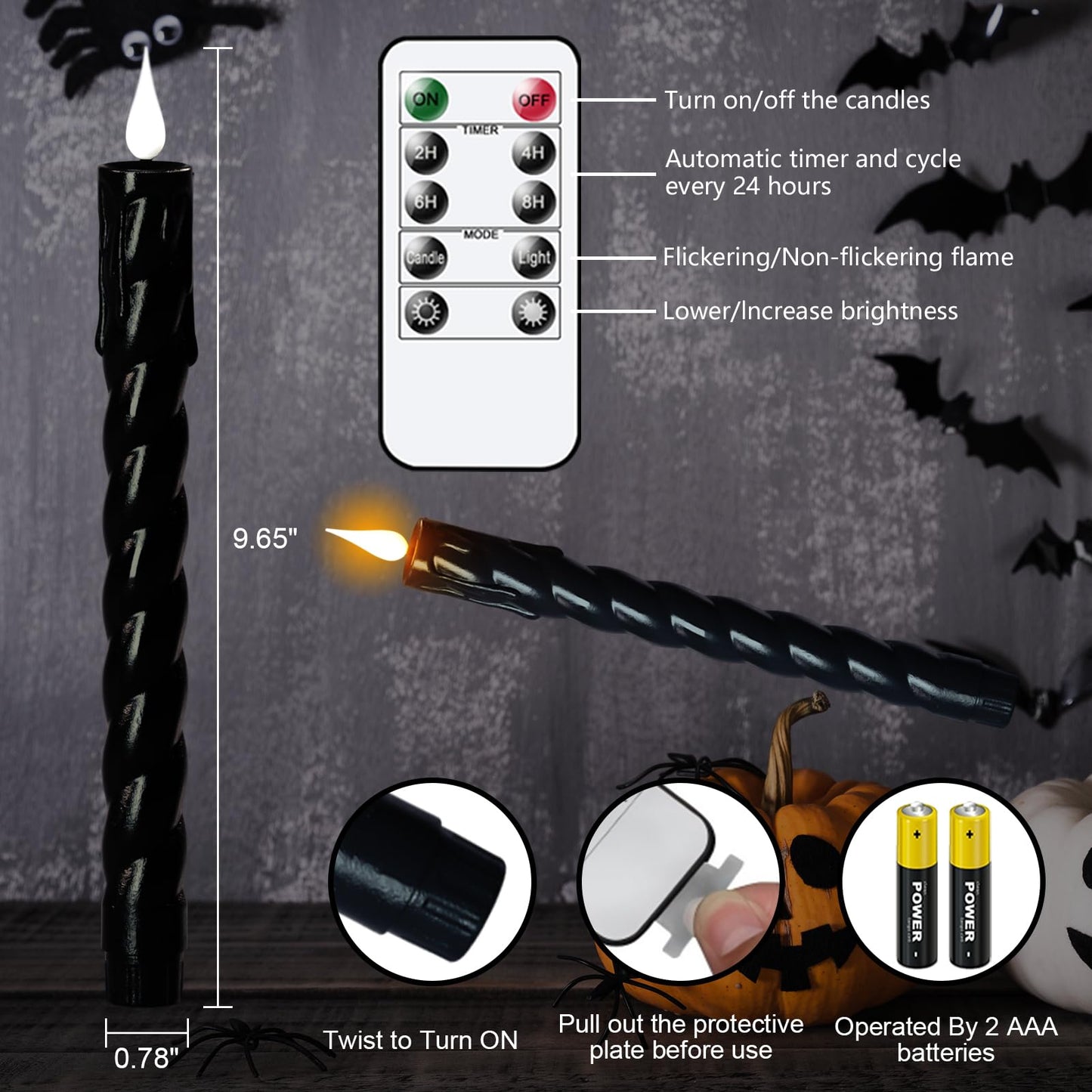 Eldnacele Plastic Flameless Taper Candles with Remote and Timer, Black Spiral Taper Candles Battery Operated Flickering Flame Lights Lifelike LED Candlesticks Set of 2 for Indoor Home Holiday Decor
