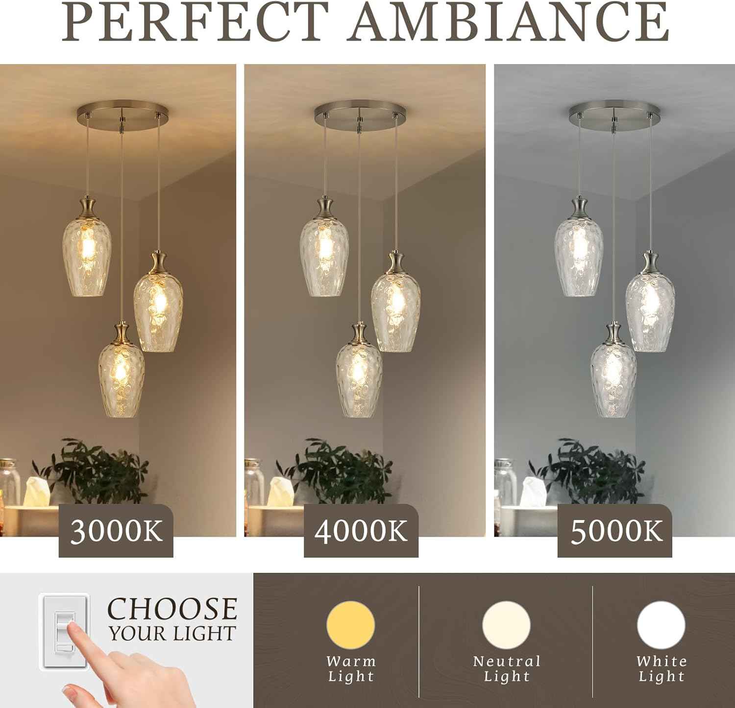 Brushed Nickel Glass Pendant Light Fixture - Modern 1-Light Hanging Lamp for Kitchen Island & Dining Room