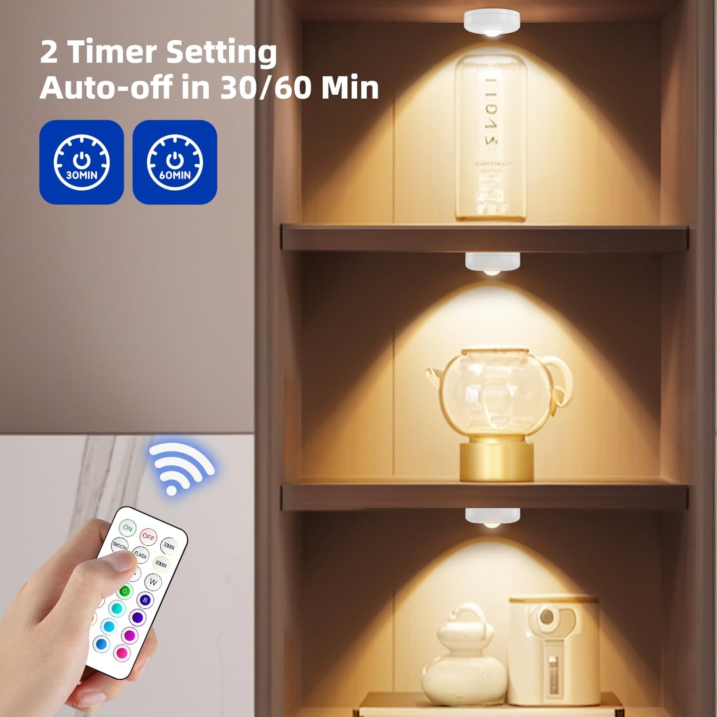 Aokpsrt LED Puck Lights with Remote Control, 13 Colors Battery Operated Tap Lights, Dimmer& Timer Magnetic Under Cabinet Light, Wireless Stick on Light for Closet, Bedroom, Kitchen White 3Pcs