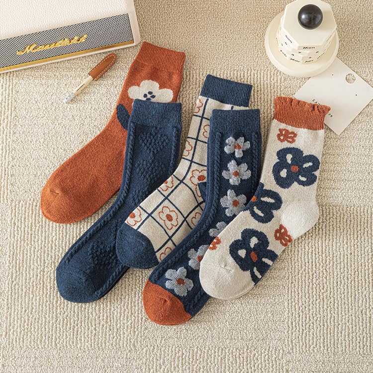 Wool Socks for Women Thick Knit Vintage Floral Crew Socks - 5 Pairs Blue Flowers (5-9)