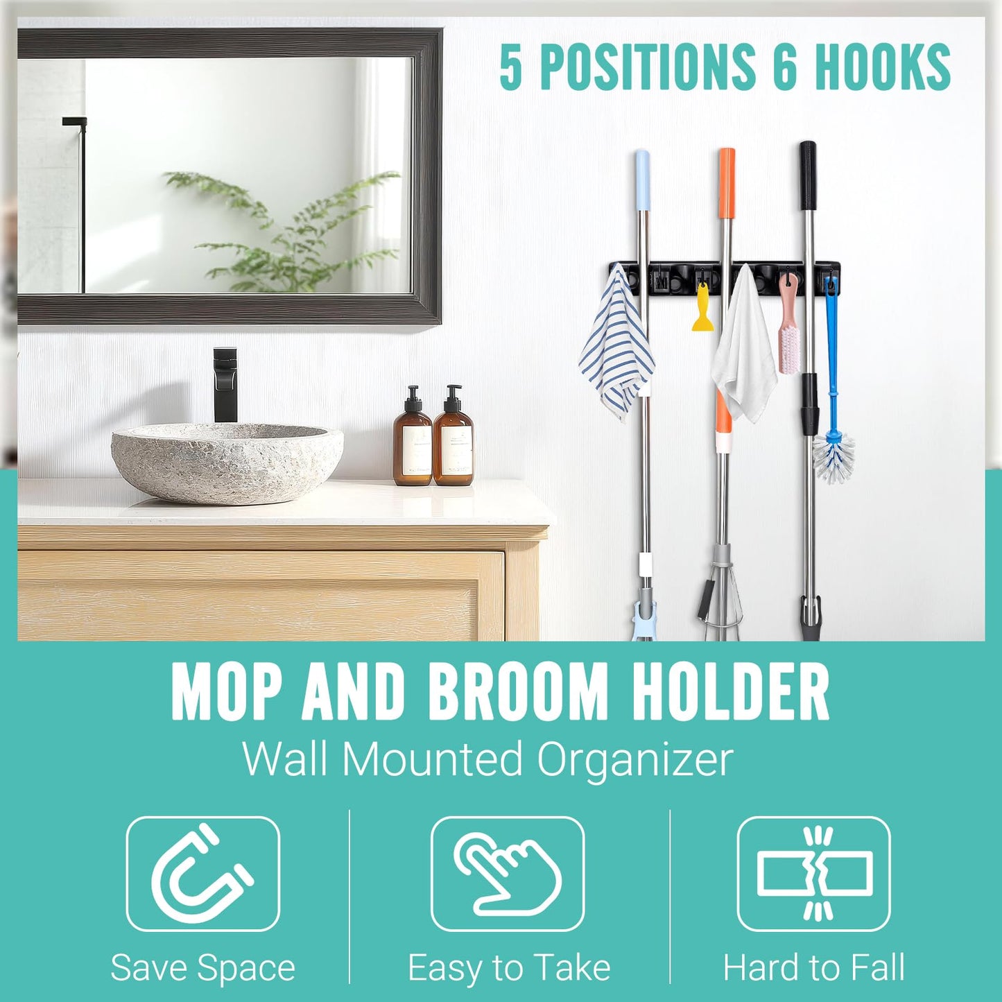 InPoTo Broom and Mop Holder, Wall Mounted Organizer Mop and Broom Storage Tool Rack with 5 Ball Slots and 6 Hooks (1Pack)