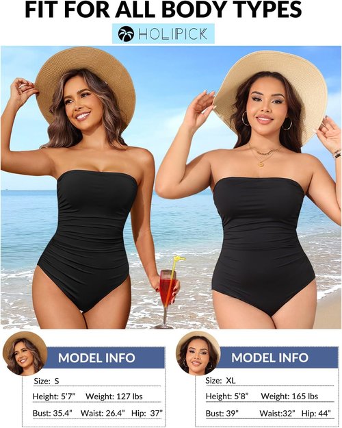 Holipick One Piece Swimsuit - Tummy Control Strapless Bandeau Design | Slimming Halter Bathing Suit