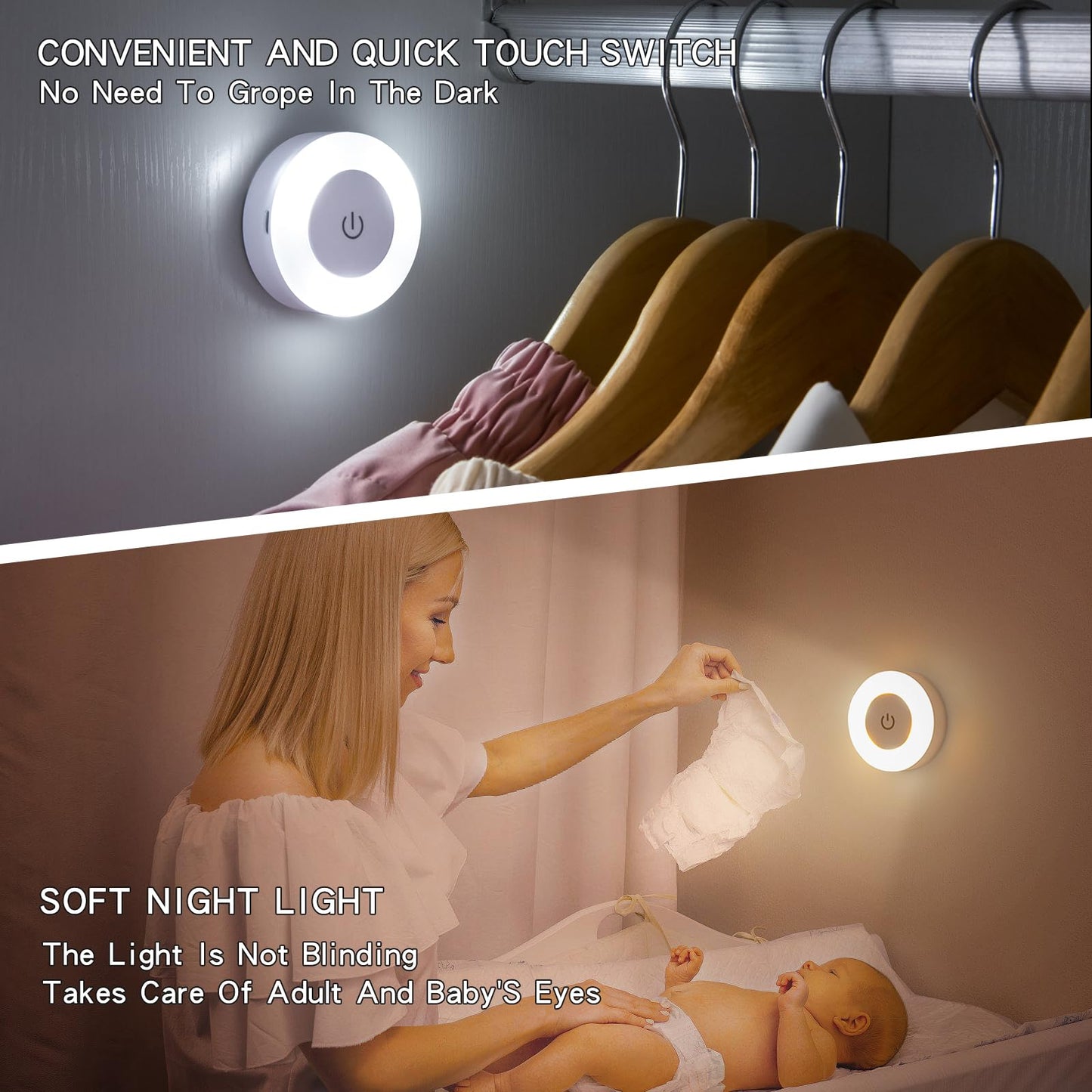 Touch Night Light Bright LED Push Lamp, 3 Colors Dimmable Rechargeable Puck Tap Nightlight Battery Operated, Wireless Stick on Lighting for Wall, Closet, Kitchen, Under Cabinet, Counter, 2 Pack
