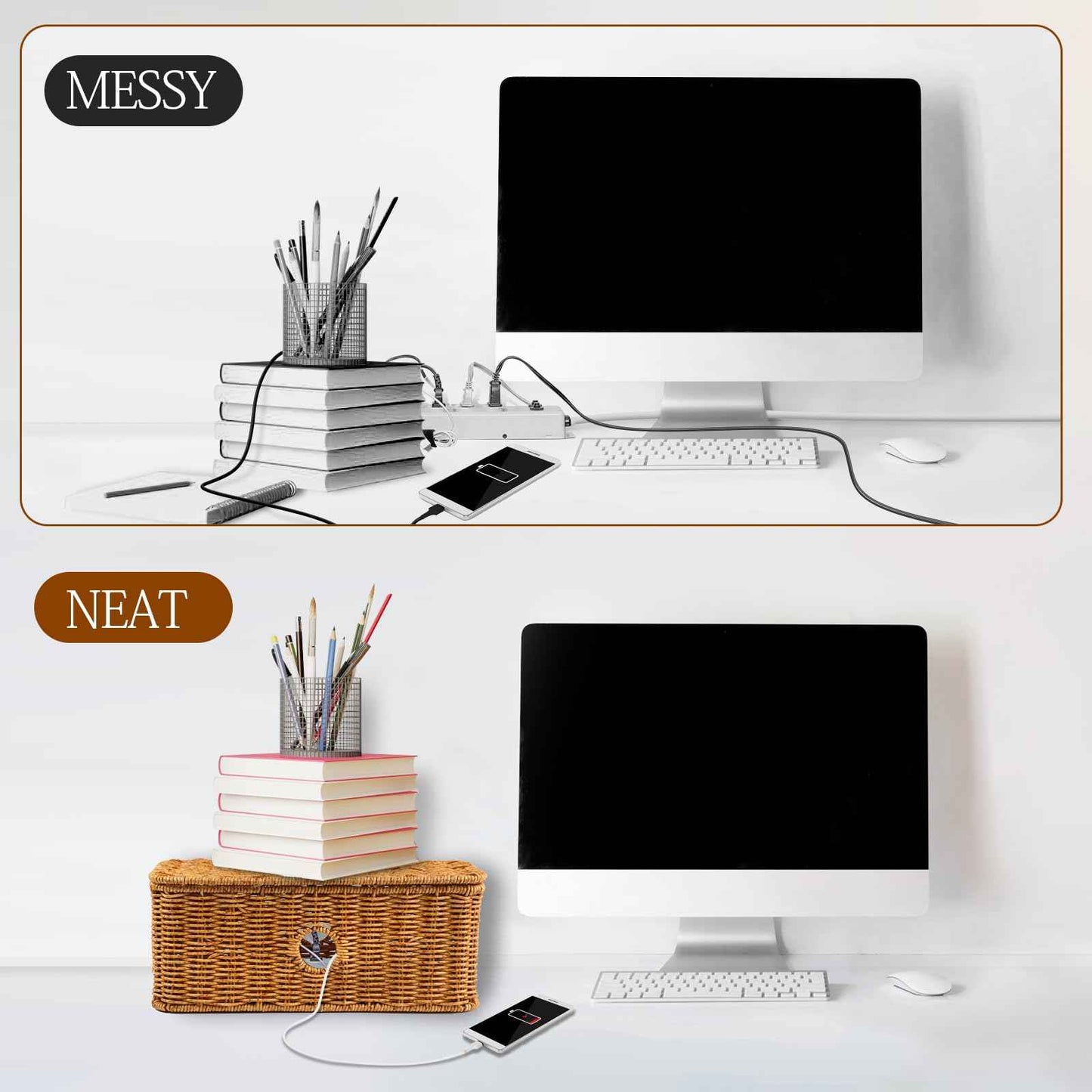 Rattan Cable Management Box Handwoven Cord Organizer Box, 4 Open Slots Cords Hider Box Under Desk Cable Management Suitable for TV Cables Computers Routers Power Cords to Hide and Organize