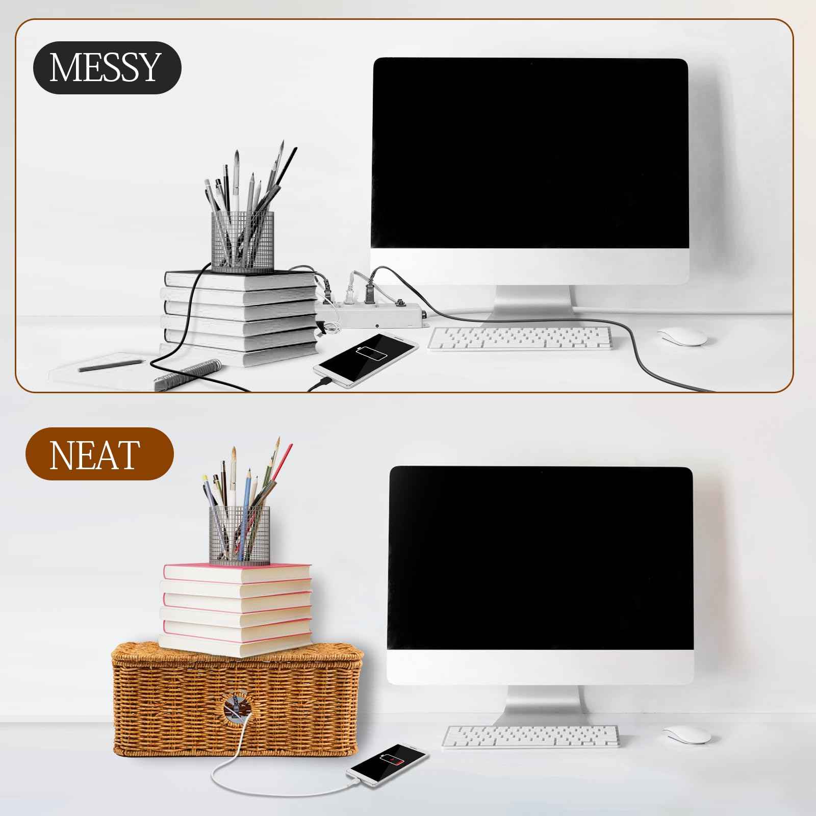 Rattan Cable Management Box Handwoven Cord Organizer Box, 4 Open Slots Cords Hider Box Under Desk Cable Management Suitable for TV Cables Computers Routers Power Cords to Hide and Organize