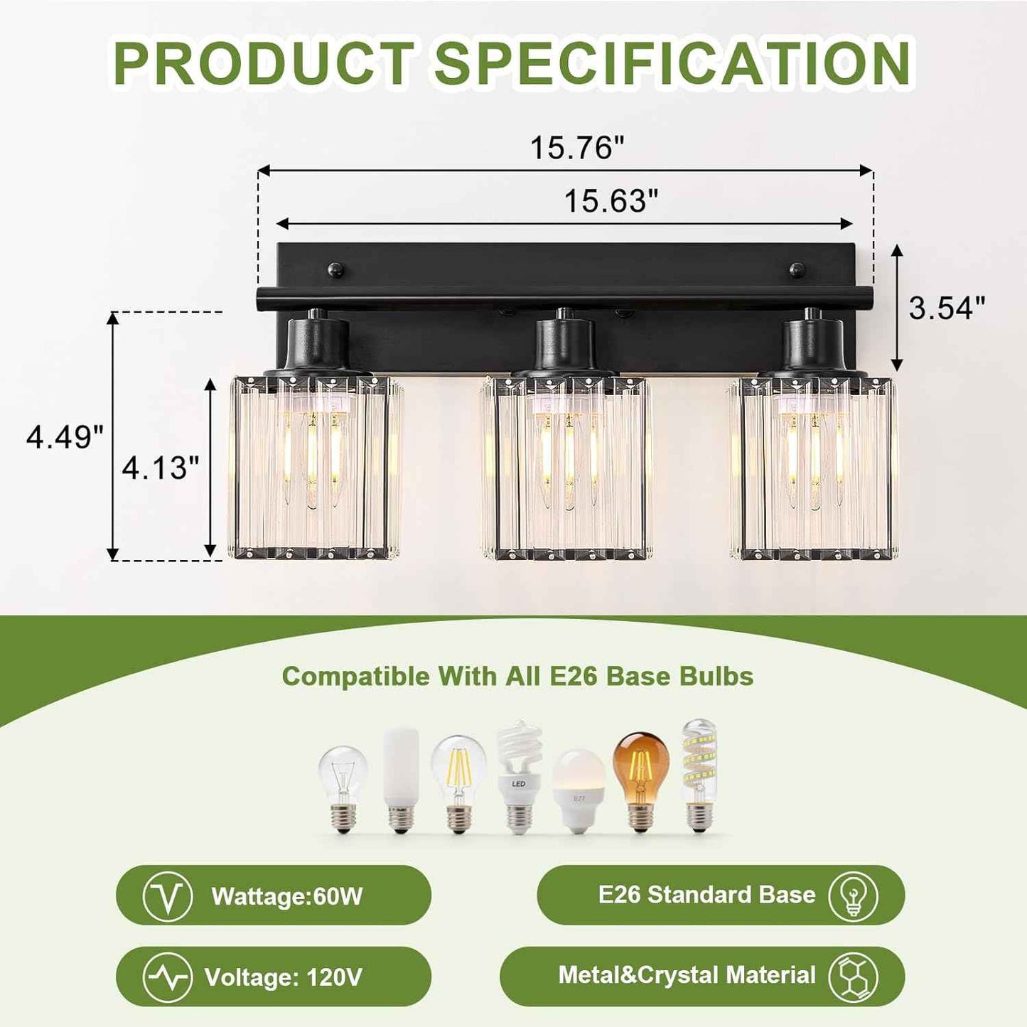 Modern 3-Light Crystal Vanity Light Fixture for Bathroom & Bedroom - Black Finish