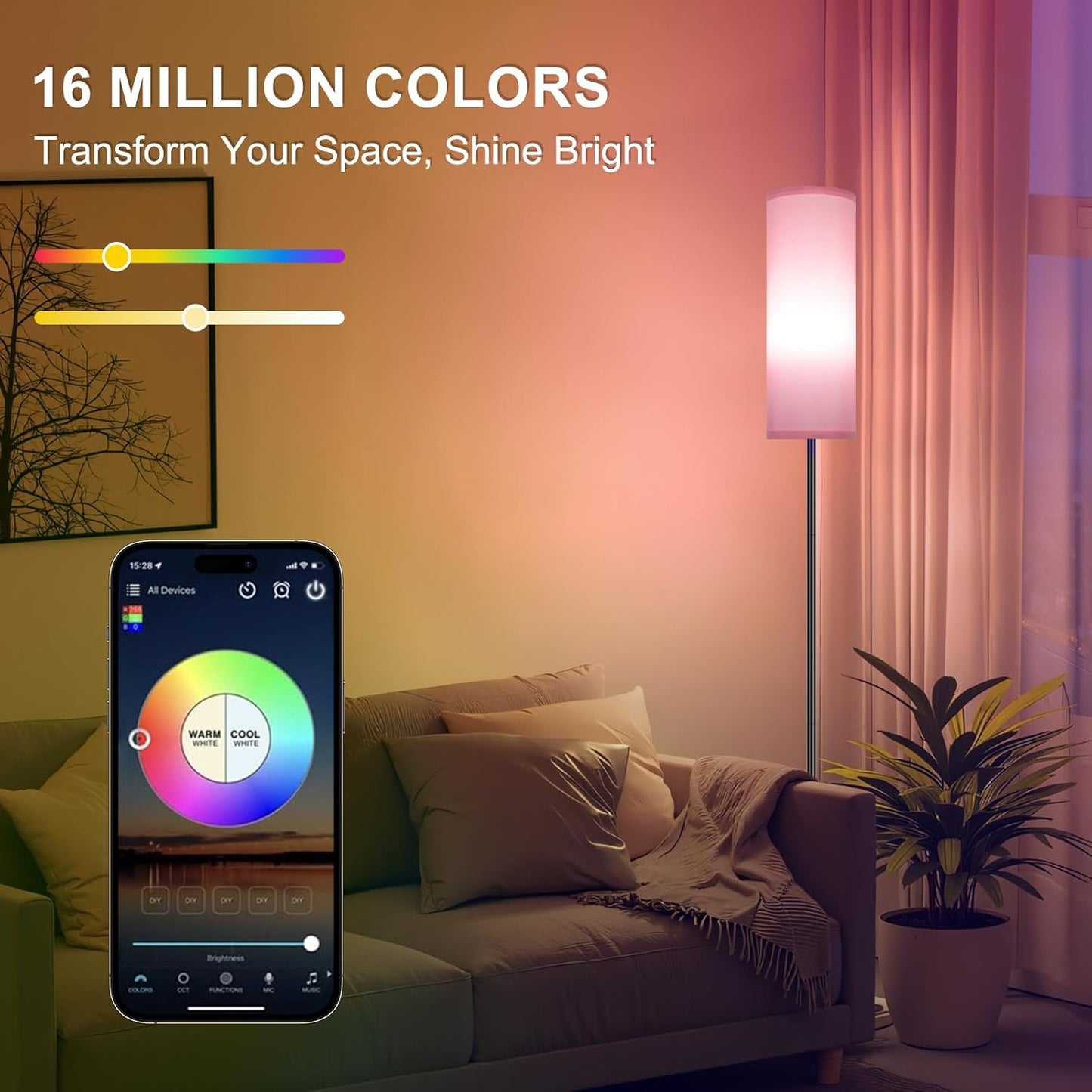 Modern Dimmable Floor Lamp with Remote - RGB Smart Bulb for Living Room, Bedroom & Office