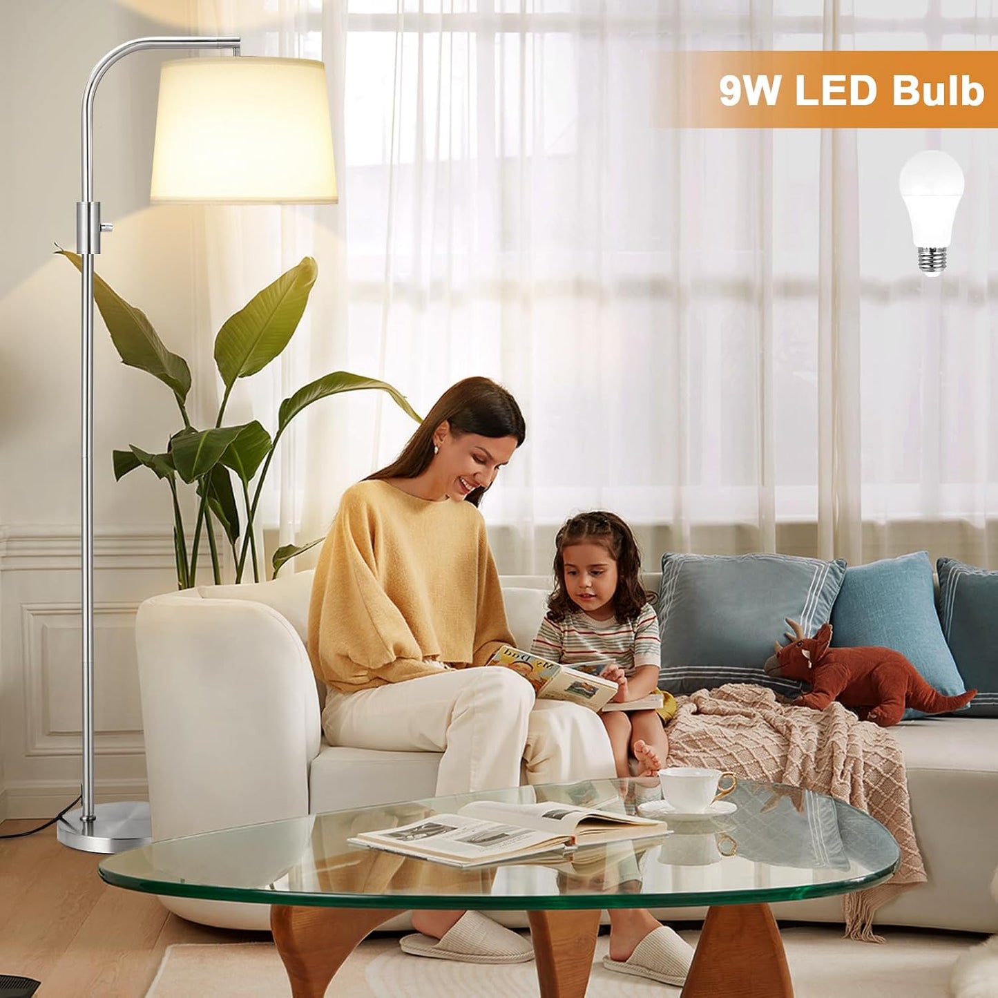 Modern Dimmable Floor Lamp with 9W LED Bulbs - Stylish Standing Light for Living Room & Bedroom (Gold & White)