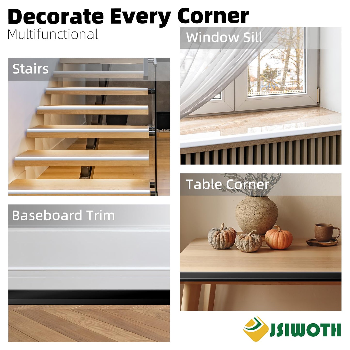 JSIWOTH 10Ft Peel and Stick Molding Trim, Flexible 0.79in Self-Adhesive Wall Trim, Inside & Outside Corner Protector, Baseboard Edge Guard for Walls, Windows, Tables, DIY Home Decoration