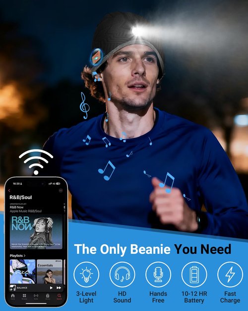 Bluetooth Beanie with a Light, Unisex USB Rechargeable Winter Hat with 4 LED Headlamp & Wireless Headphones, Unique Christmas Stocking Stuffers & Birthday Gifts for Men, Husband, Teens Dark Black