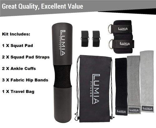 Lumia Fitness 7 Piece Glute Workout Kit, Barbell Squat Pad, 3 Fabric Resistance Bands, 2 Ankle Straps, Carry Bag - Gym Accessories for Men and Women