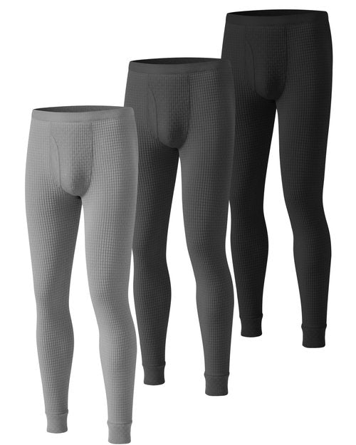 August Alley 3 Pack Men's Waffle Thermal Bottom Long Underwear Johns Soft Base Layer(Black, Dark Gray, Gray,Large)