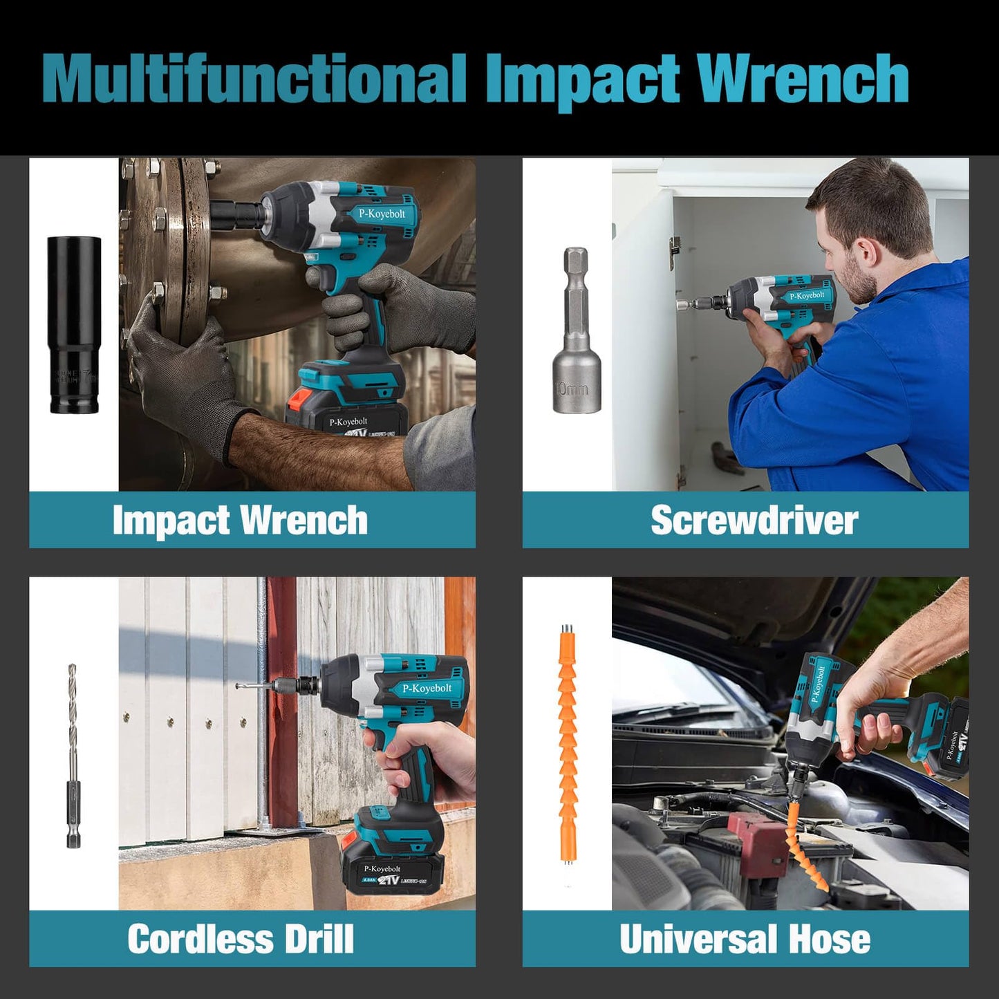 Cordless Impact Wrench, 740Ft-lbs (1000N.m) Electric Impact Gun driver, with 4-Mode Speed, 2 Battery & Charger, 5 Sockets 8 Drill 6 Screws, Power Impact Wrench Set for Car Home/Truck RV/Mower