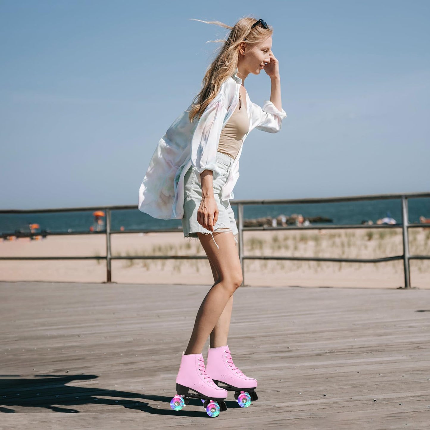 XUDREZ Roller Skates for Women Men Cozy PU Leather High-top Roller Skates for Beginner Double-Row PU Wheels, Professional Indoor Outdoor Roller Skates with Shoes Bag (Pink Flash,38)