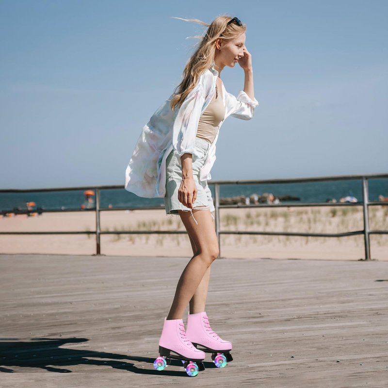 XUDREZ Roller Skates for Women Men Cozy PU Leather High-top Roller Skates for Beginner Double-Row PU Wheels, Professional Indoor Outdoor Roller Skates with Shoes Bag (Pink Flash,38)
