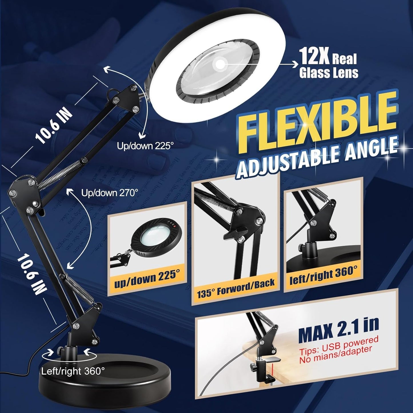 12X LED Magnifying Glass Lamp with Stand - 144 Brightest LEDs, 10 Dimmable Levels, 5 Color Modes for Hands-Free Crafting & Reading