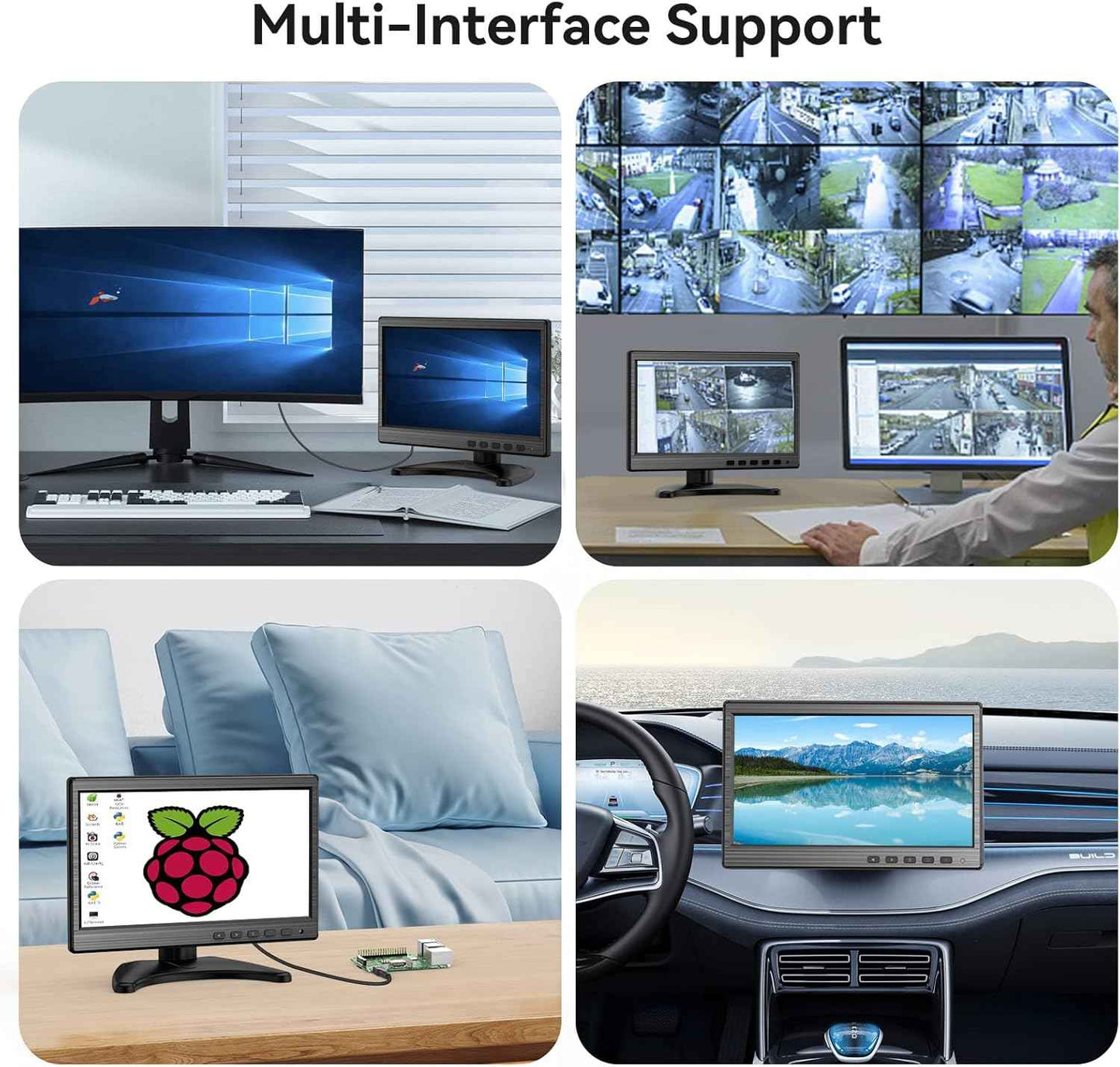 10.1-Inch IPS LCD Monitor - 1024x600 Security CCTV Display with HDMI, VGA, BNC, RCA