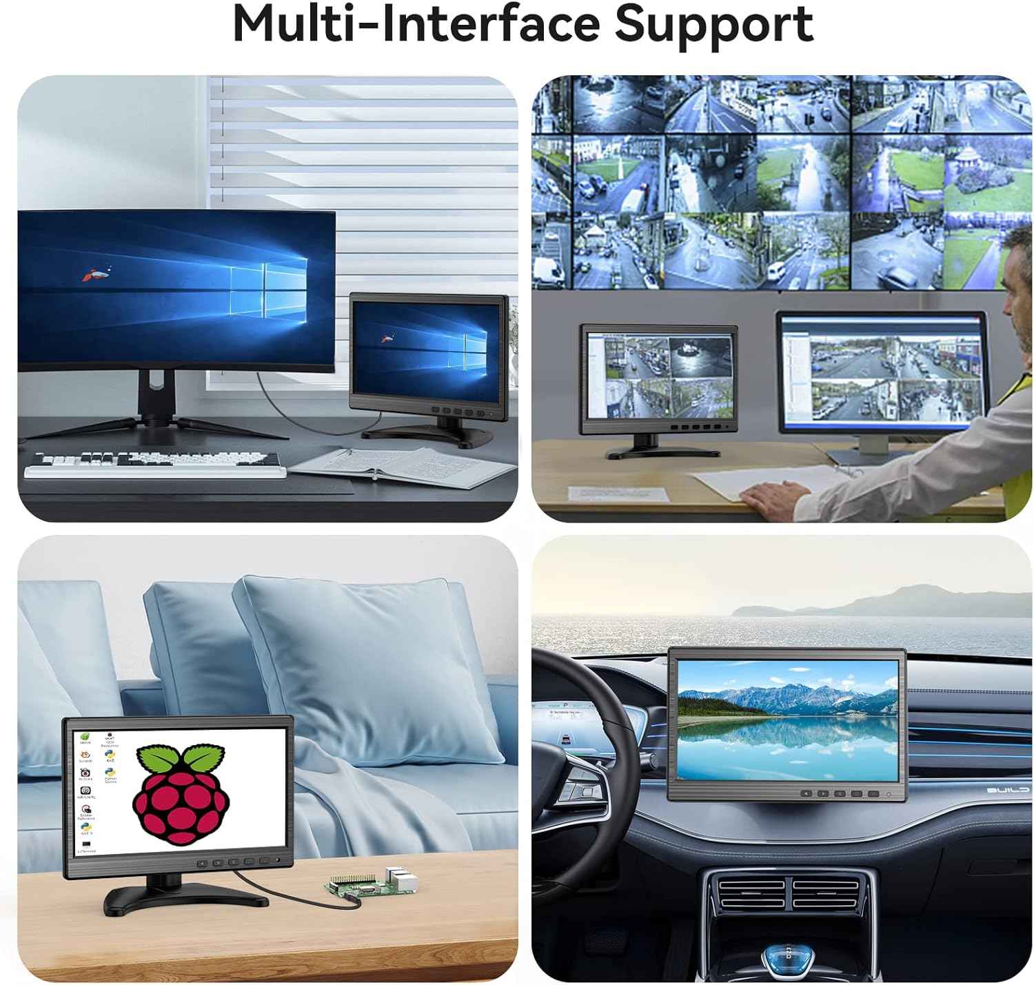 10.1-Inch IPS LCD Monitor - 1024x600 Security CCTV Display with HDMI, VGA, BNC, RCA