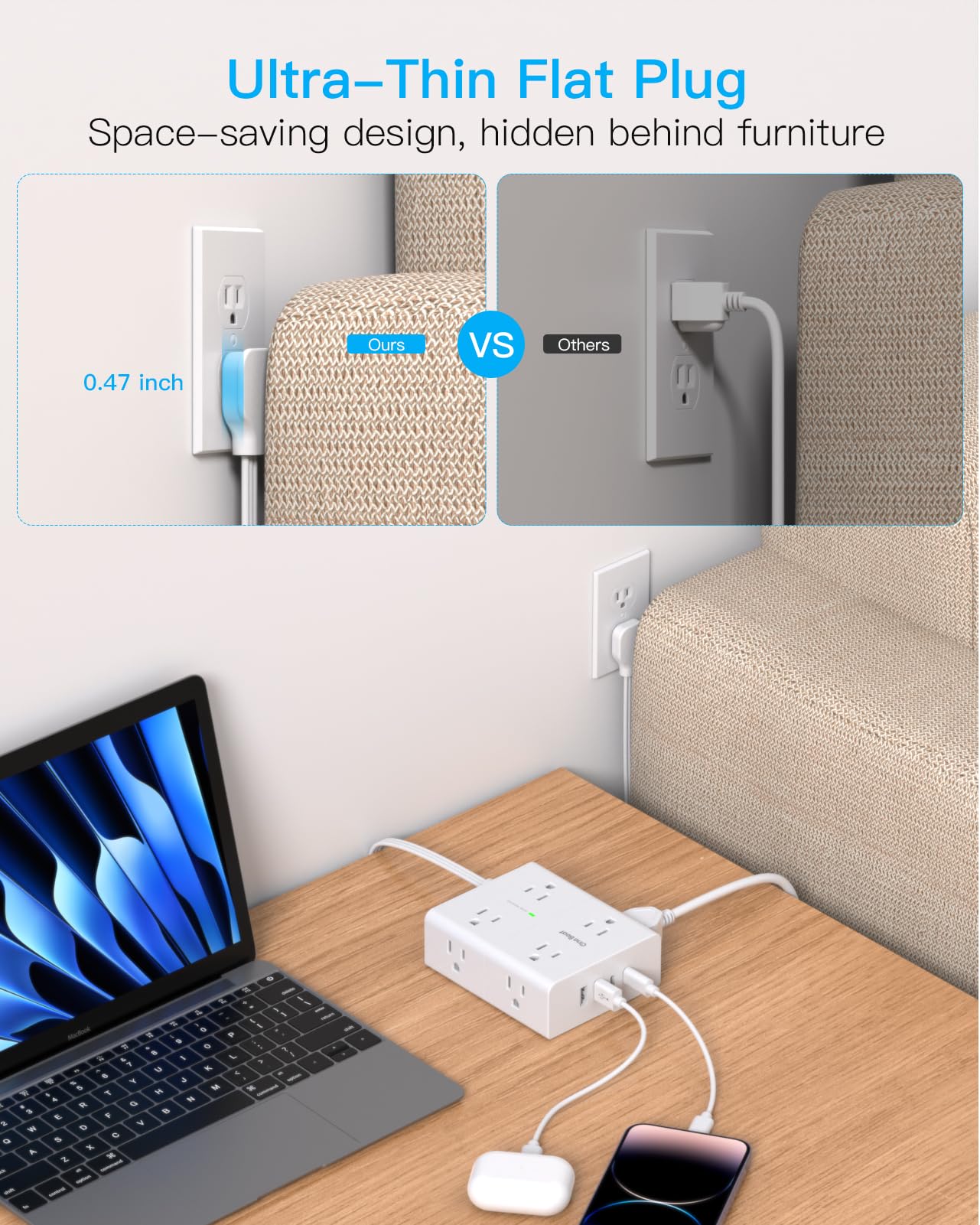 Surge Protector Power Strip, 6 Ft Flat Plug Extension Cord with 8 Outlets 4 USB Ports (2 USB C), 1080J Multi Plug Outlet Extender, Wall Mount Desk USB Charging Station for Home Office Dorm Essentials