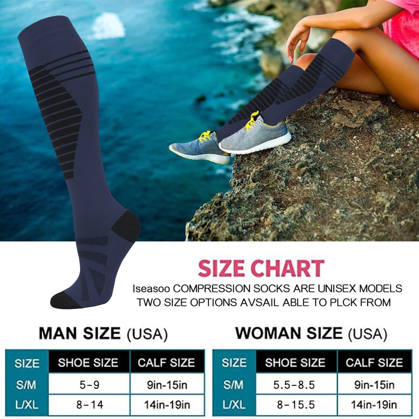 Iseasoo Copper Compression Socks 15-20 mmHg for Men & Women 8 Pairs – Circulation Support for Nurses, Travel, Running, Hiking, Soccer(L/XL)