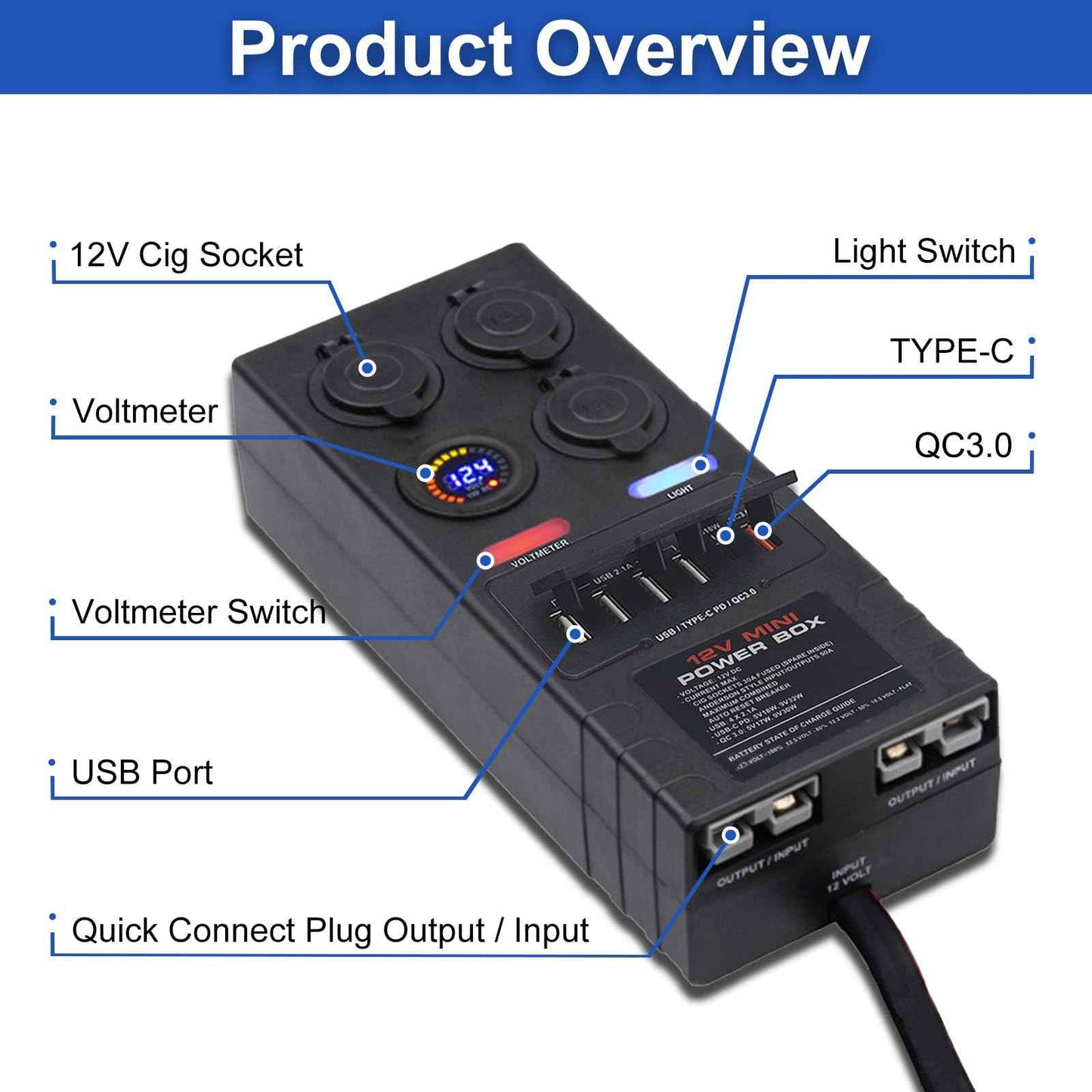 Mini Power Distribution Box 12V DC Battery Socket Max. 50A Current with 2 x Anderson, 6 x USB & 3 x Cig Sockets, Mini Battery Box for Outdoors RV Camping Fishing Emergency