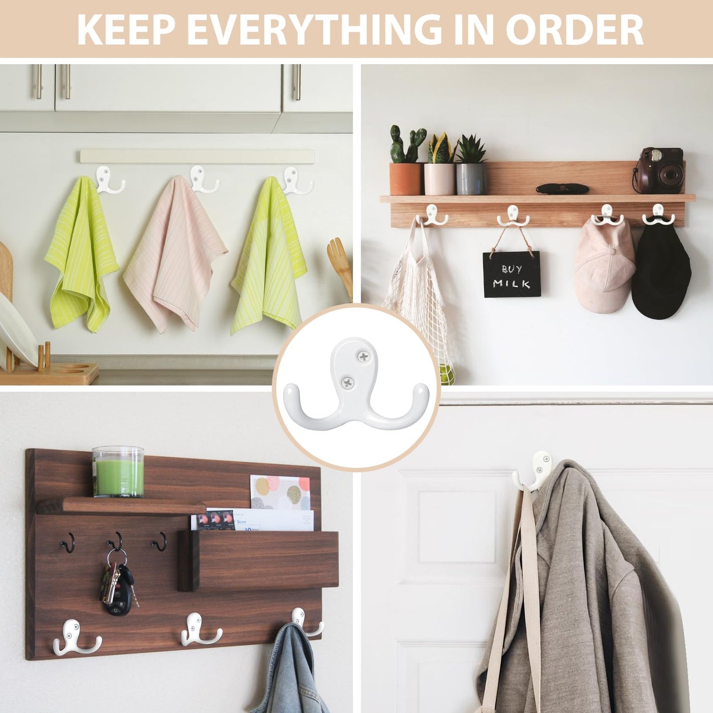 Homanu 14 Pack Coat Hooks, Heavy Duty Double Prong Coat Hooks Wall Mounted with 28 Screws, No Rust White Metal Wall Hooks for Hanging Towel, Coat, Bag, Hat, Cup, Key