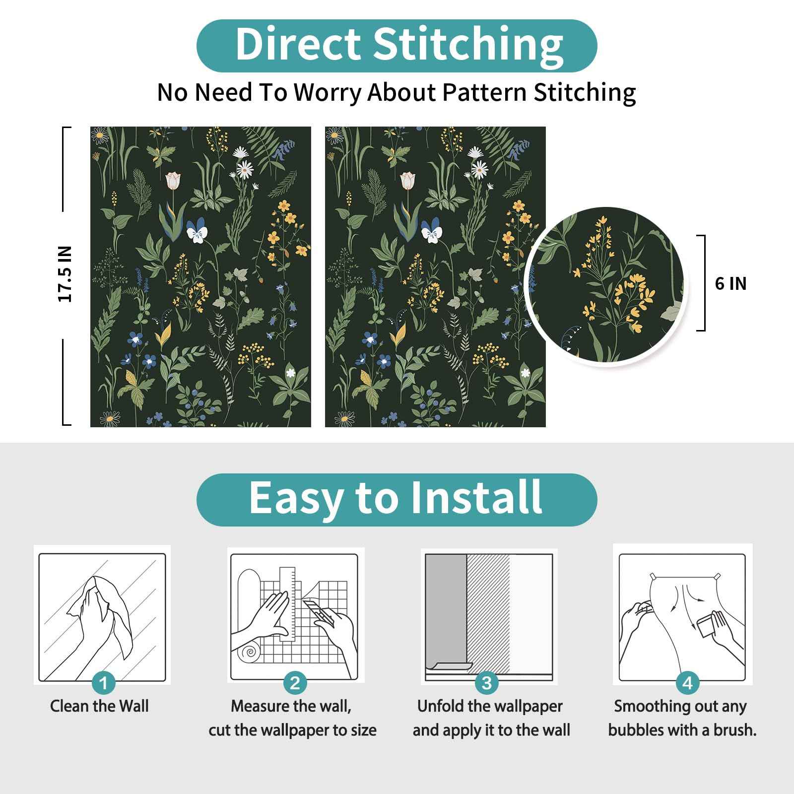 Cismmy Removable Peel and Stick Wallpaper Boho 17.5 x 393 in Floral Bedroom Bathroom Easy Peel Off Stick on Wallpaper Contact Paper Renter Friendly Wall Paper