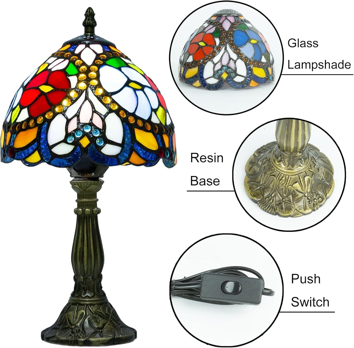 Tiffany Table Lamp - 8 Inch Antique Stained Glass, 3 Color Temperatures, Handcrafted for Bedroom & Living Room