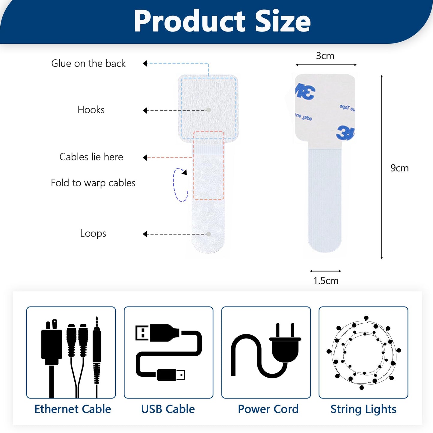 Abnii 50 PCS Hook and Loop Cable Ties, Under Desk Cable Management, Self Adhesive Cable Clips Straps, Sticky-Back Cord Organizer, Wire Organizer for TV PC Laptop Ethernet Desktop, White