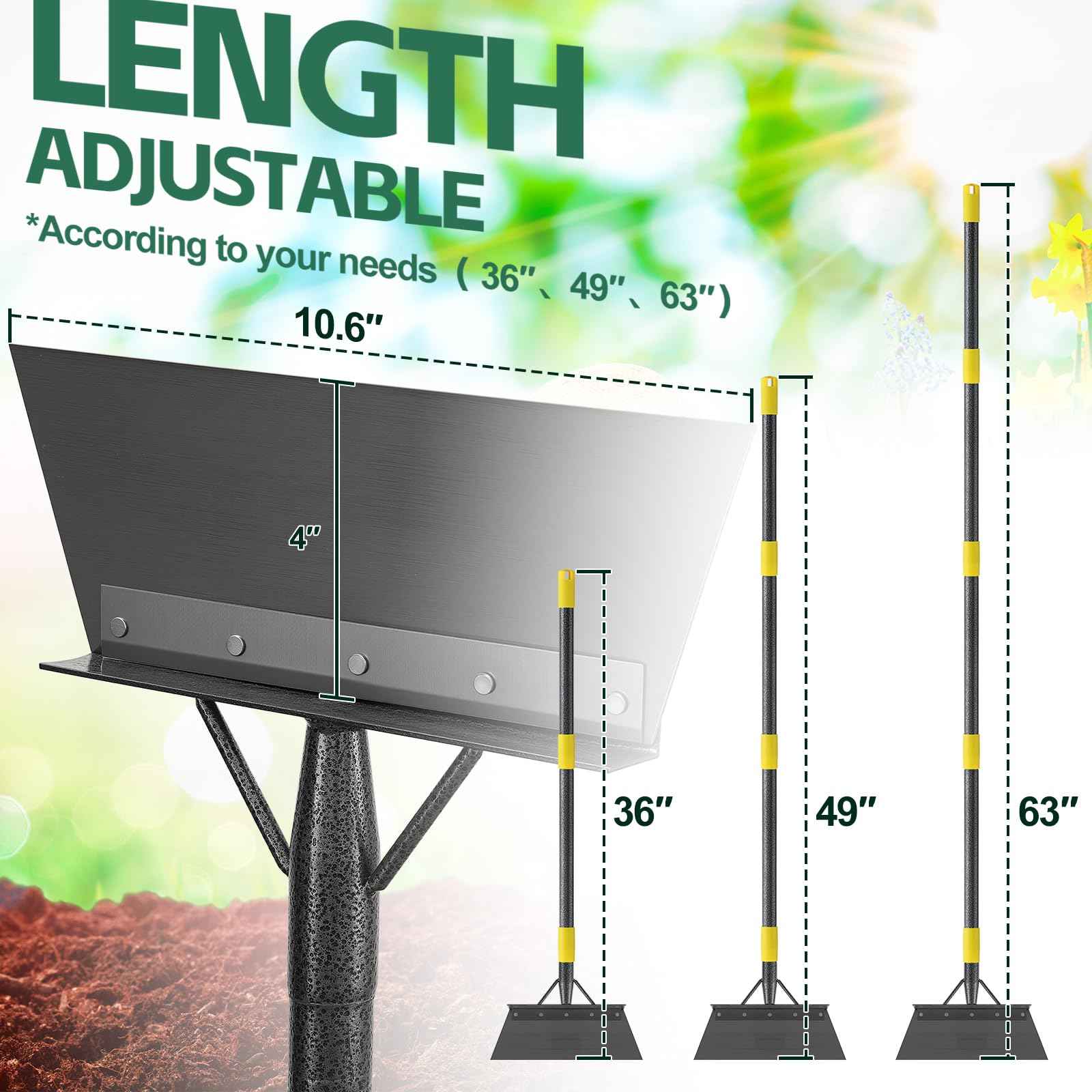 Garden Cleaning Shovel, 63" Adjustable Floor Ice Scraper Long Handle Heavy Duty Tool, Multifunctional Flat Snow Shovel Gardening Tools for Digging, Weeding,Scraping