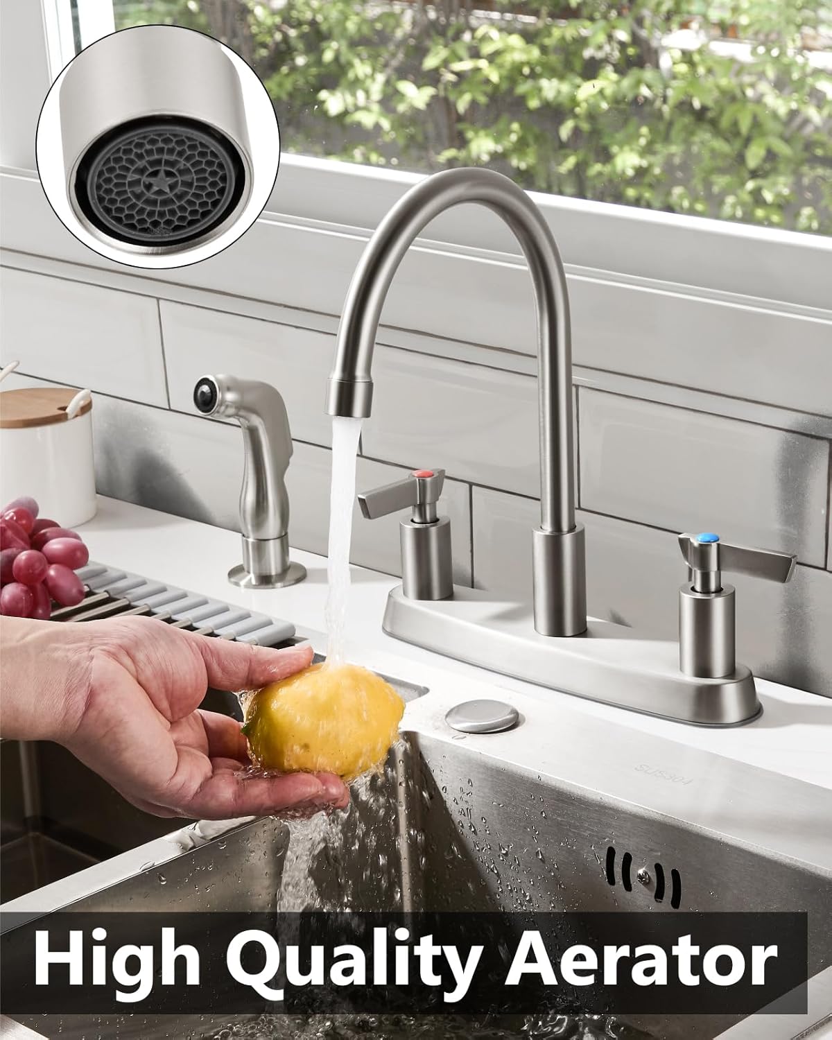 Brushed Nickel Kitchen Faucet with Sprayer - 2 Handle 8-Inch Centerset 3 Hole