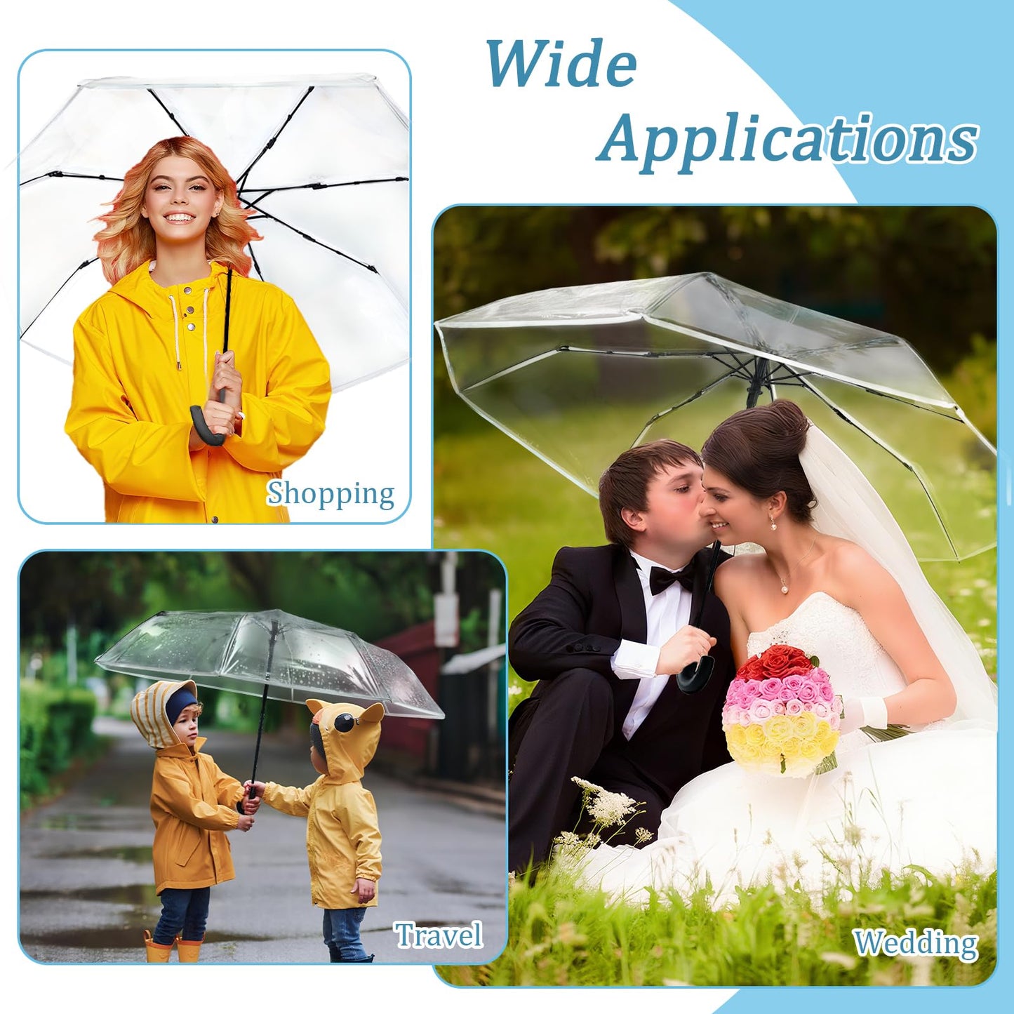 Succwoah 10 Pcs Clear Wedding Umbrellas, Portable Auto Open Close Transparent Design, Durable High-Visibility Folding Rain Umbrellas for Photography, Party, Travel, Golf, Outdoor Events
