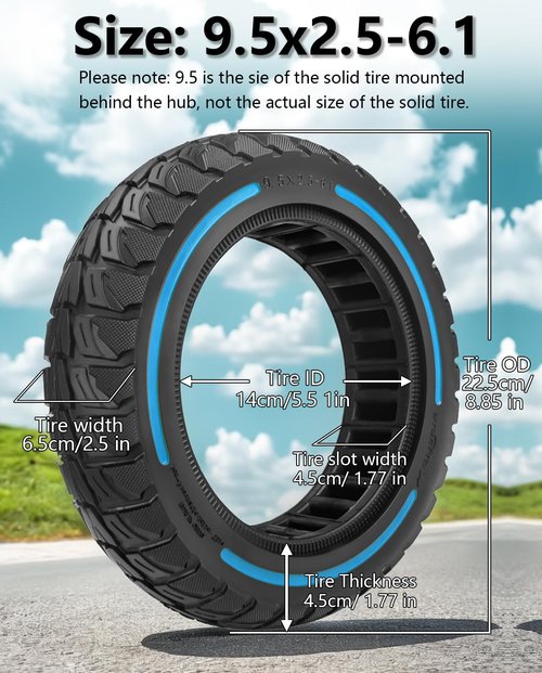 GLDYTIMES 9.5x2.50 Inch KQi3 pro Tire, 9.5x2.5-6.1 Solid Tire Fit for NIU KQi3 Pro/Max/Sport Electric Scooter, 9.5" Front Rear Tyre, Puncture-Free, Anti-Skid, Shockproof (Blue 1Pc)