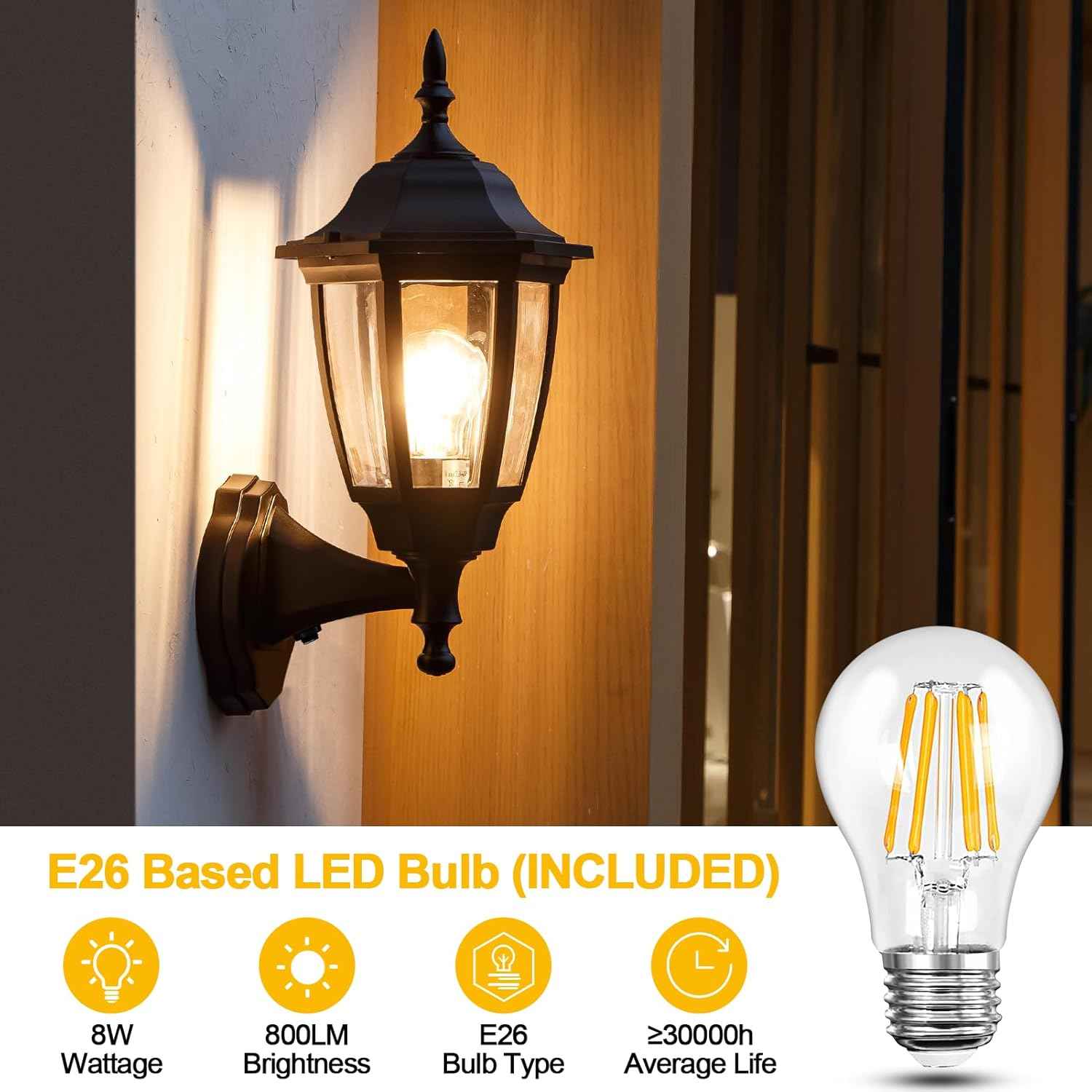 Outdoor Wall Light with Dusk to Dawn Sensor - 2-Pack LED Lanterns for Porch & Garage
