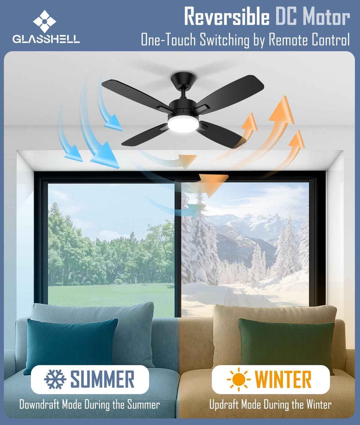 52-Inch Ceiling Fan with Remote Control & Dimmable Light - Noiseless DC Motor for Indoor/Outdoor Use
