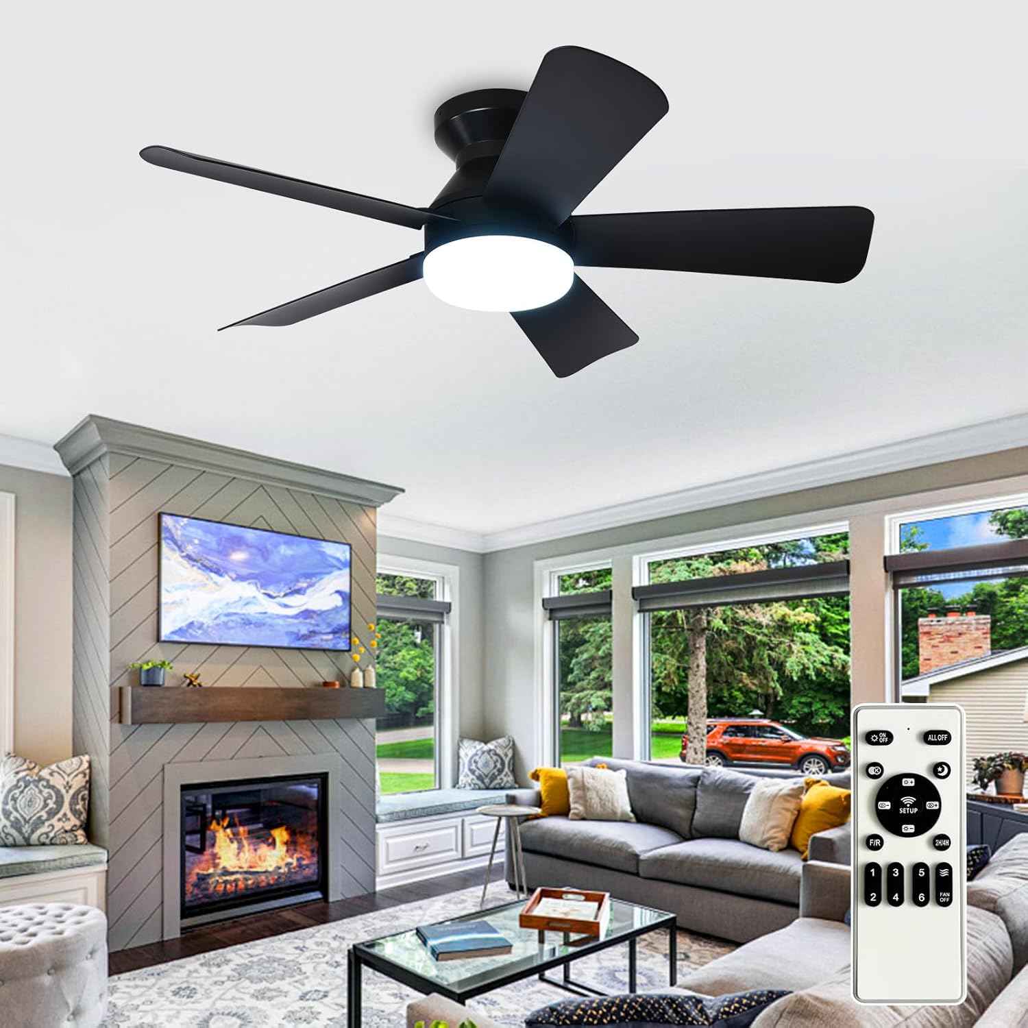 42-Inch Modern Black Ceiling Fan with Light & Remote - Dimmable Low Profile, 5 Reversible Walnut Blades, 6 Speeds for Indoor/Outdoor Use