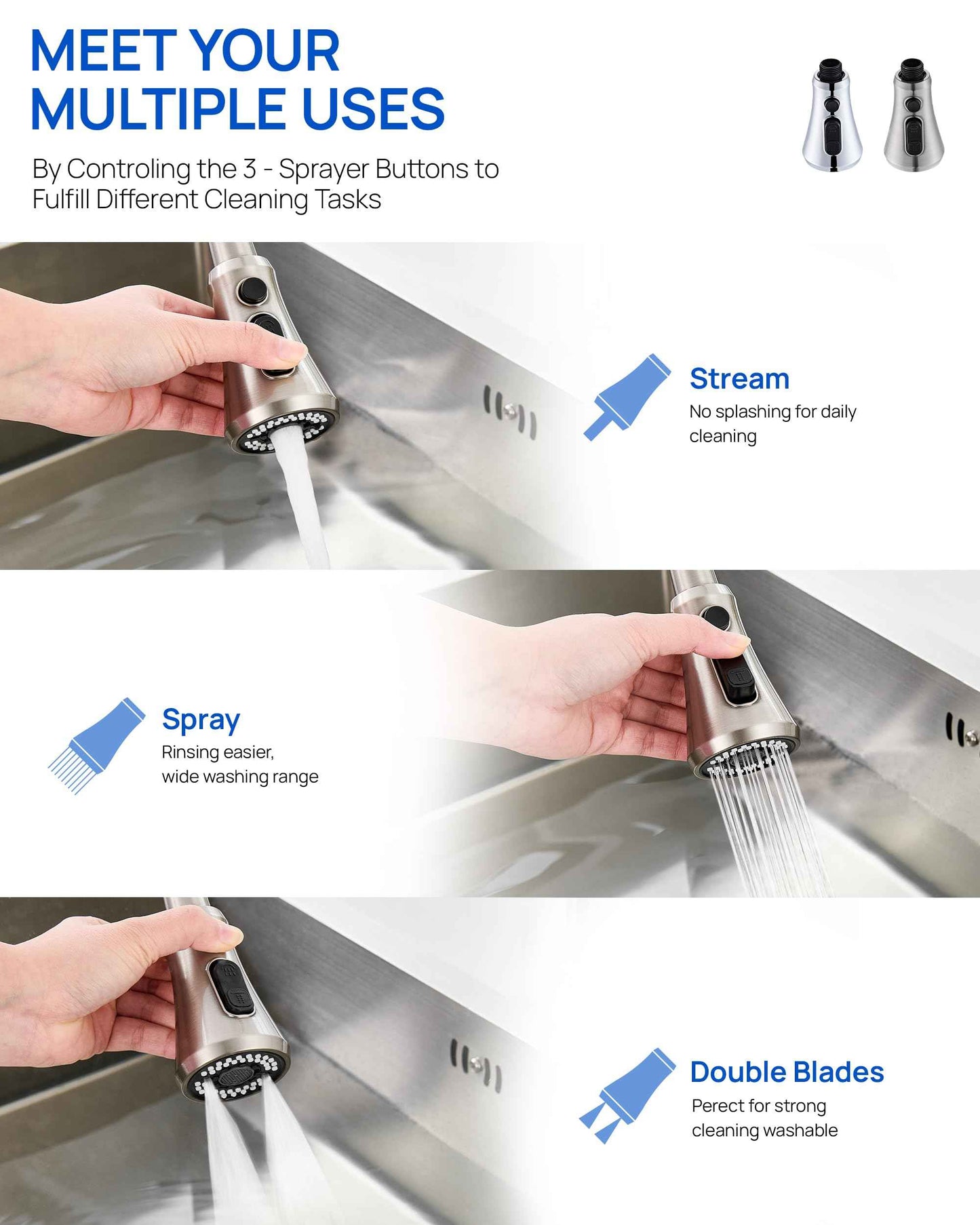 J-HVA Kitchen Faucet Head, Pull Down Kitchen Sink Sprayer Head Replacement for Kitchen Faucet, 3 Functions High Pressure Sink Spray Nozzle, Spray Head with 15 Adapters, Brushed Nickel