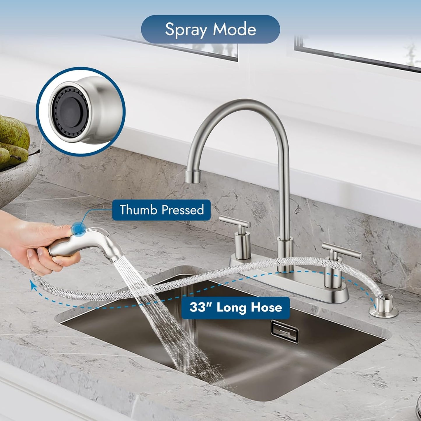 Brushed Nickel Kitchen Faucet with 360° Rotating Spout & Side Sprayer - 2 Handle, 8 Inch Centerset