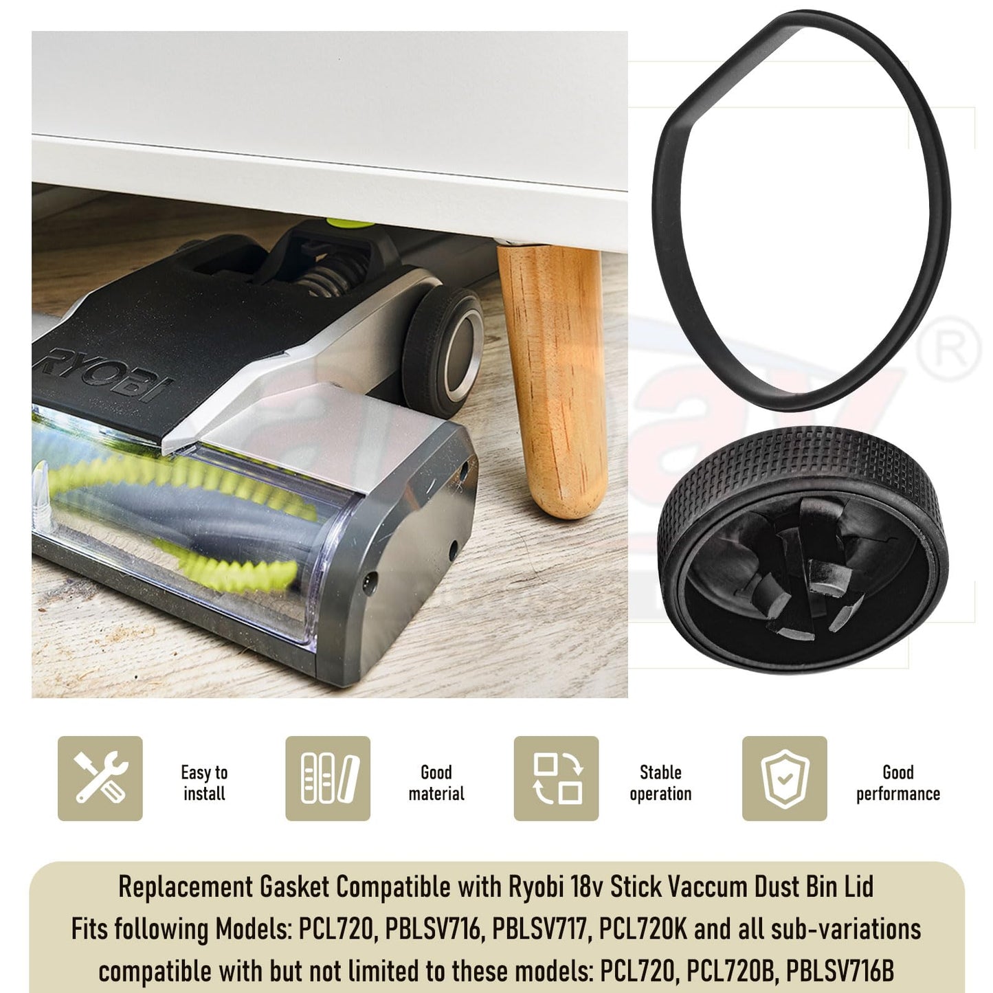 2 Sets of Upgraded Replacement Wheel and Gasket for Ryobi 18v Cordless Stick Vac PCL720B, PCL720K, PBLSV716B, PBLSV716K, PBLSV717B, PBLSV717K Cordless Vacuum Cleaner - Silicone Replacement Wheels