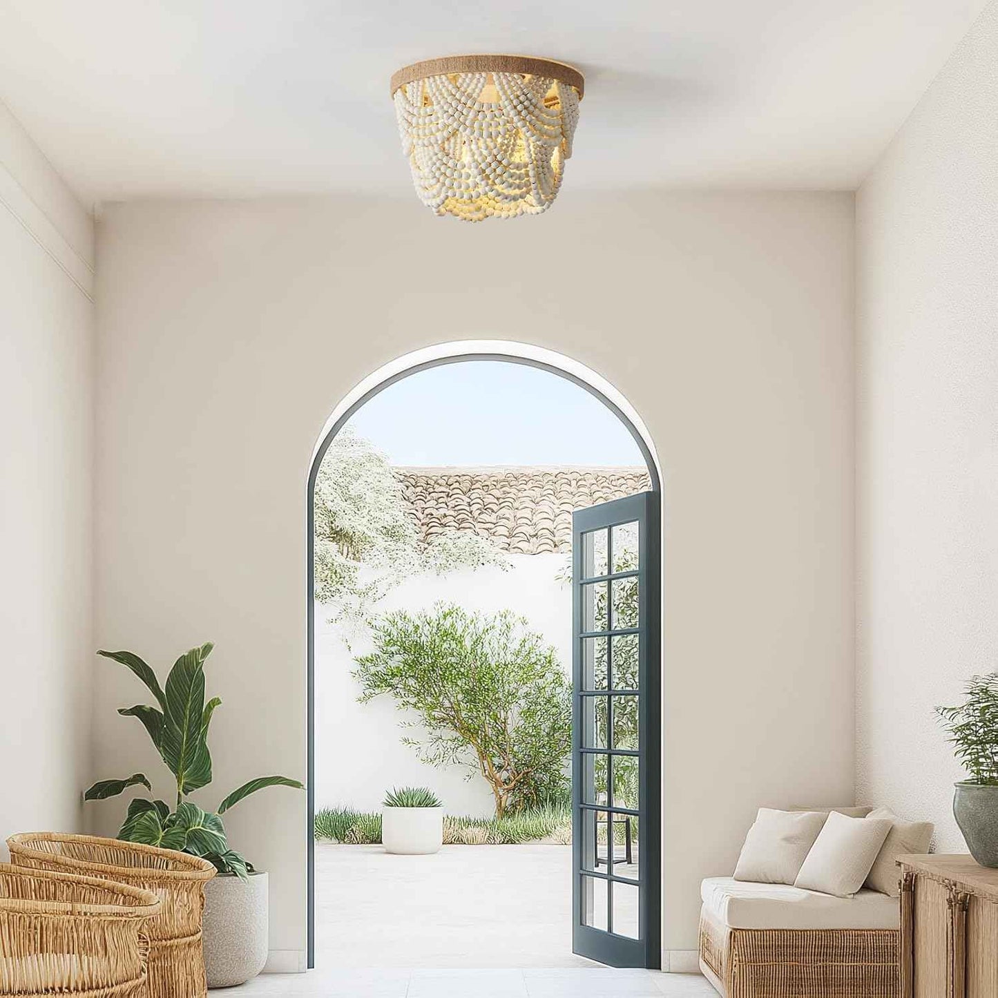 2-Tier White Boho Mini Chandelier - Wood Beaded Flush Mount Ceiling Light for Bedroom, Hallway, Nursery & More